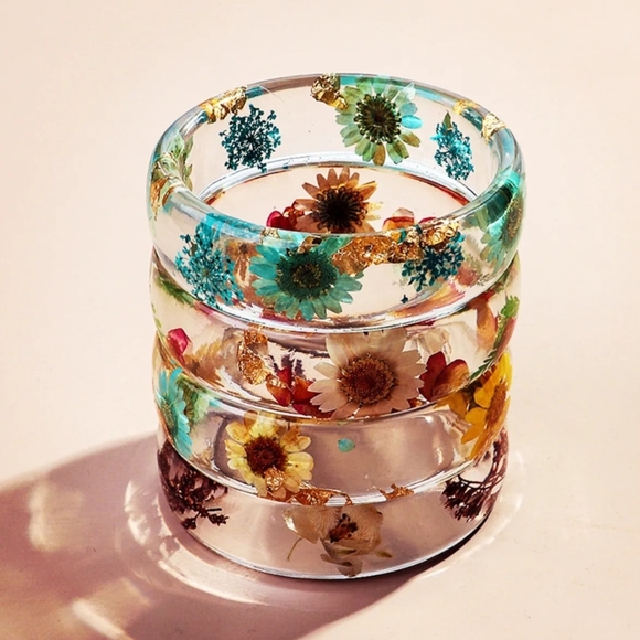 Botanical Resin Bangle Bracelet Blue Yellow Teal Red - Picture 5 of 16